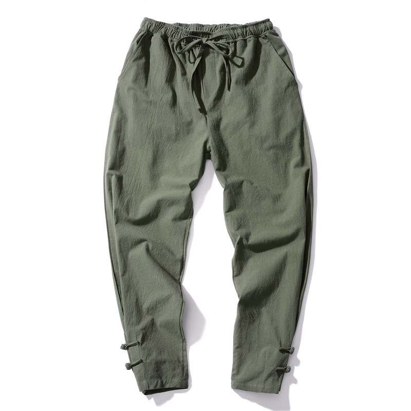 Spring and Summer Solid Color Cotton and Linen Buckle Ankle Pants Chinese Style Casual Trendy Japanese Style Men's Linen Pants