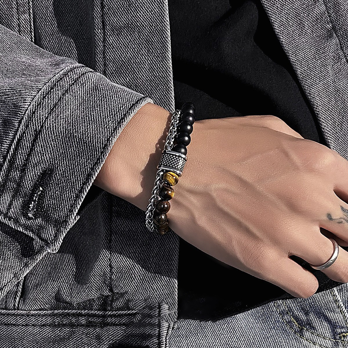 New European and American frosted map Stone Bracelet Men's double-layer beaded otbuckle transfer beads titanium steel all-match bracelet jewelry fashion