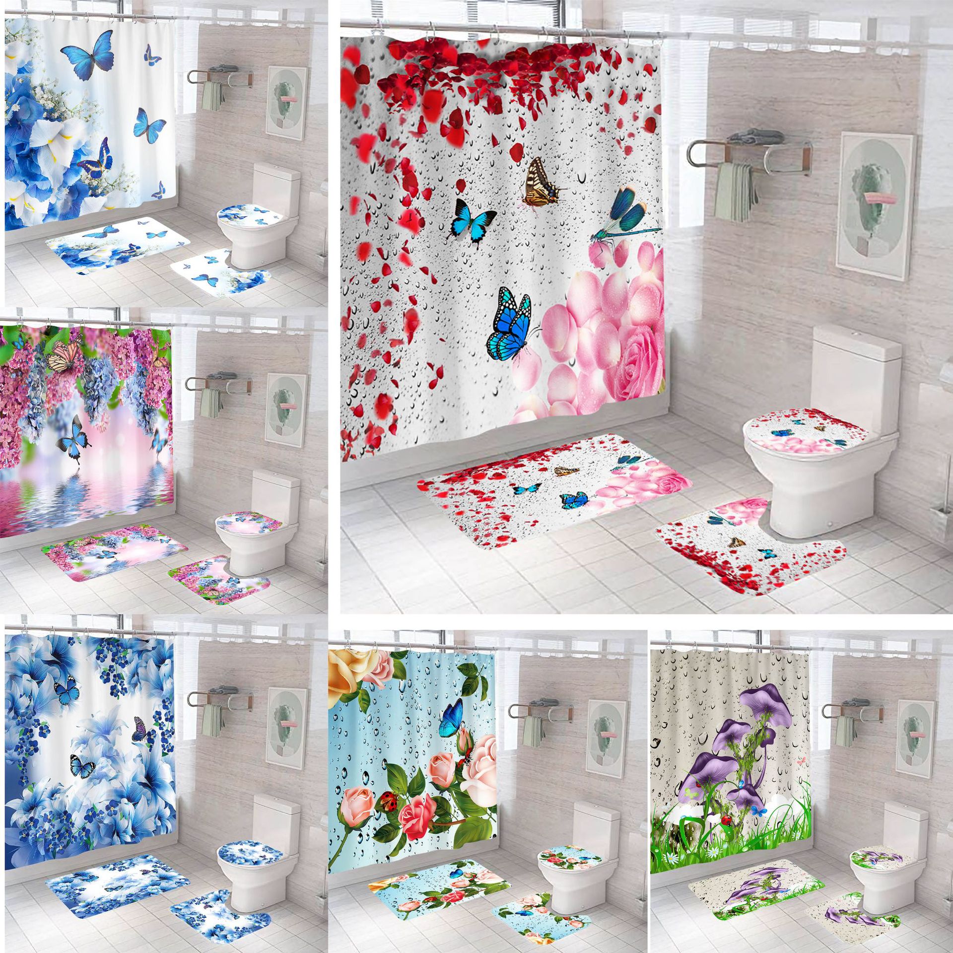 Shower Curtain Polyester 3d Digital Printing Punch-free Waterproof Shower Curtain Rose Butterfly Set Bathroom Curtain Set Four Pieces