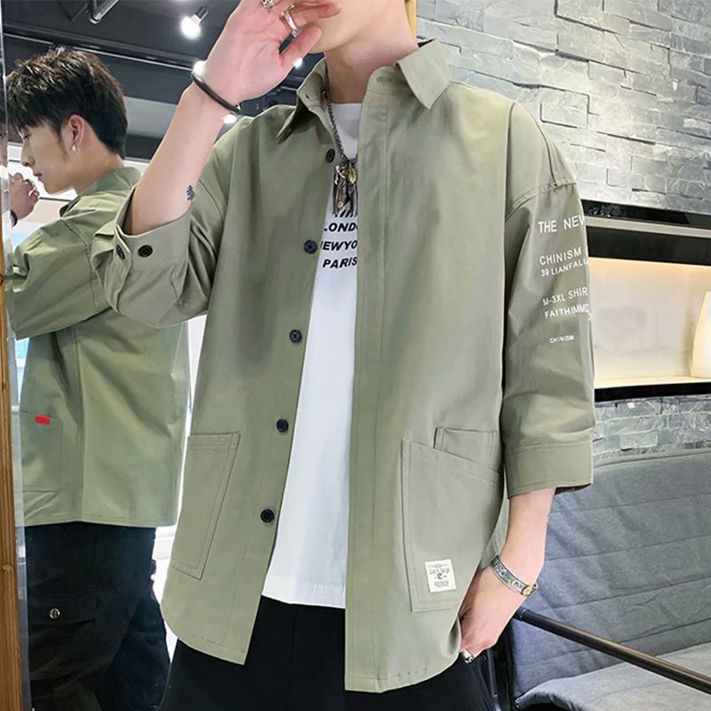 Men's Shirt Seven-point Sleeve Summer Loose Short-sleeved Shirt Hong Kong Style Japanese Style Shirt Summer Thin Casual Coat Trendy