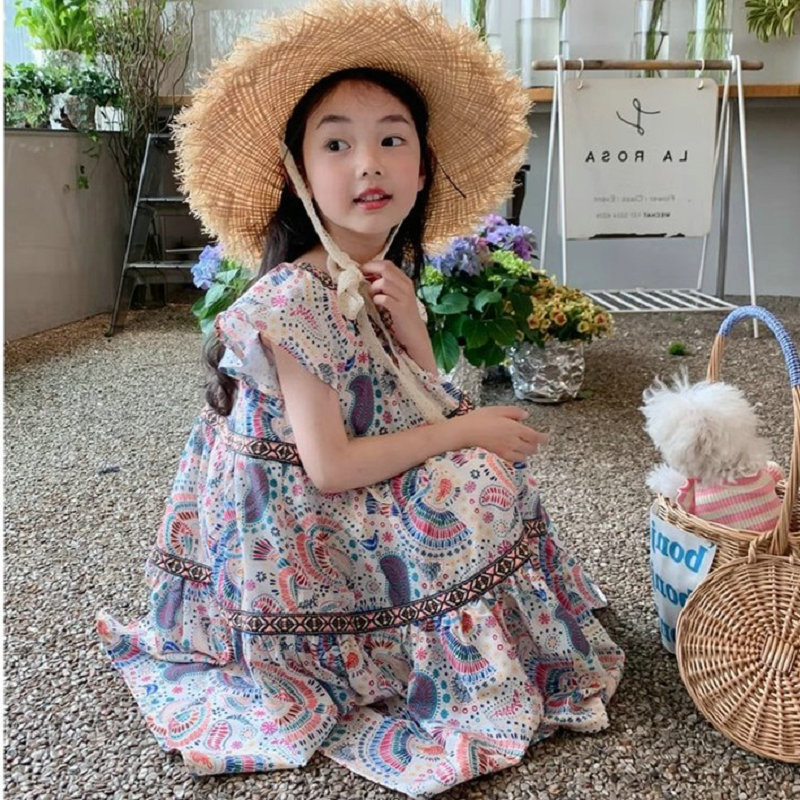 女童連衣裙民族風抽象畫連衣裙公主裙24夏裝新款外貿童裝代發