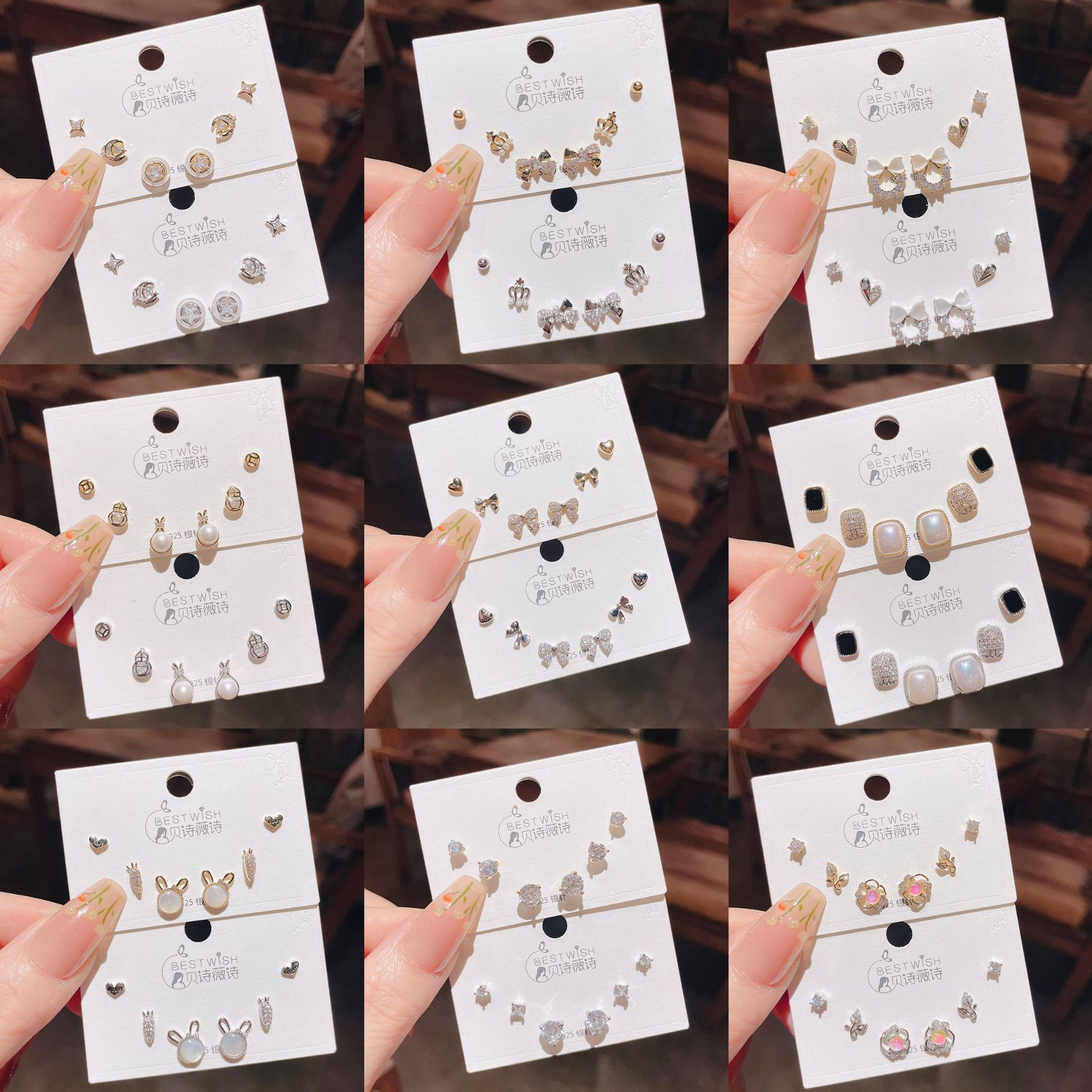 High quality s925 silver needle zircon 6 suit small earrings female Korean simple temperament three pairs of earrings wholesale
