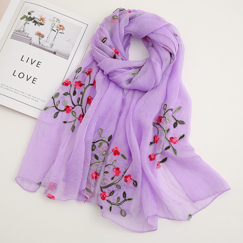 Korean Style Shili Peach Blossom Chiffon Flower Embroidered Silk Scarf Women's Fashionable All-match Travel Sunscreen Shawl