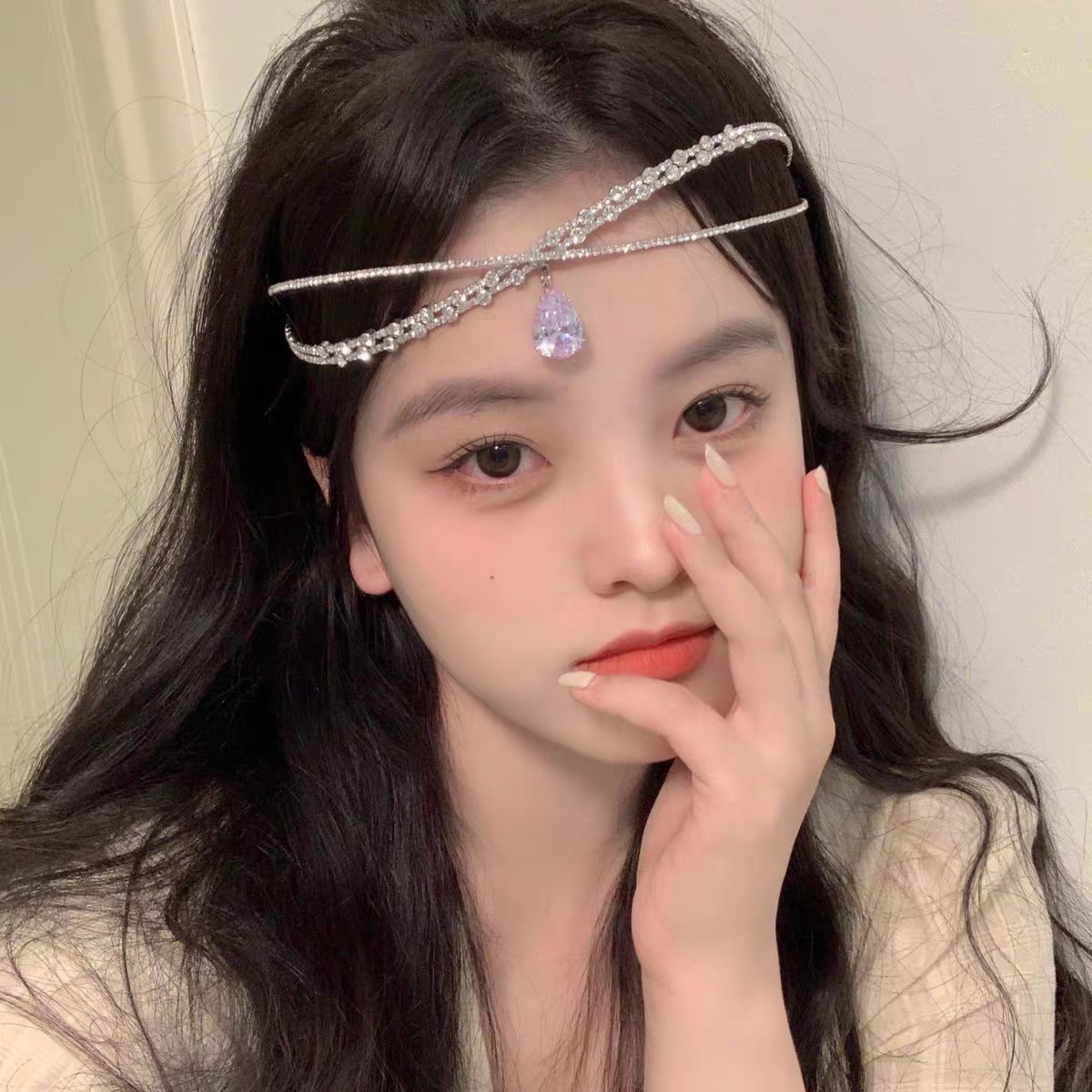 Zircon Water Drop Hair Hoop Large Gems Hair Hoop Headwear Collar Neck Rhinestone Slimming Cross Clavicle Chain Necklace