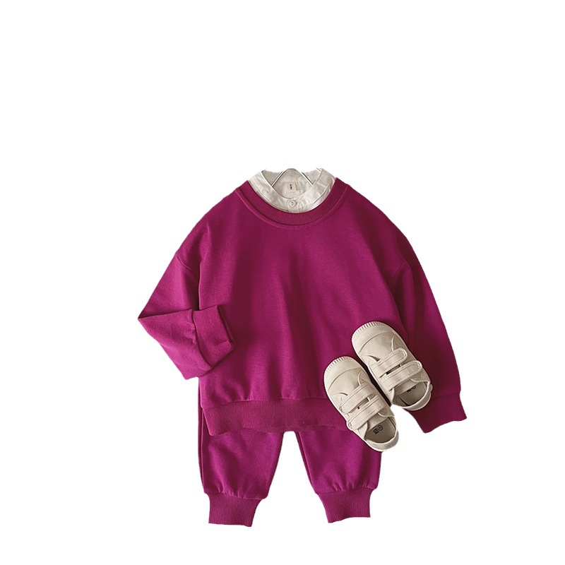 Children's terry cotton dopamine solid color men's and women's pullover round neck sweater coat trousers two-piece set