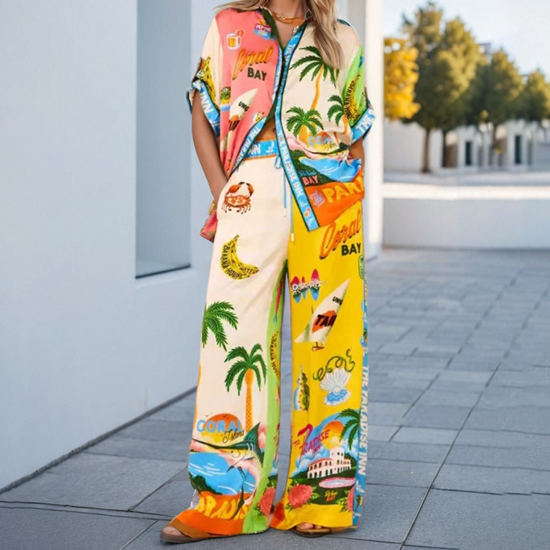2025 independent station European and American women's printed color matching elastic waist pocket wide leg casual fashion suit women's two-piece set