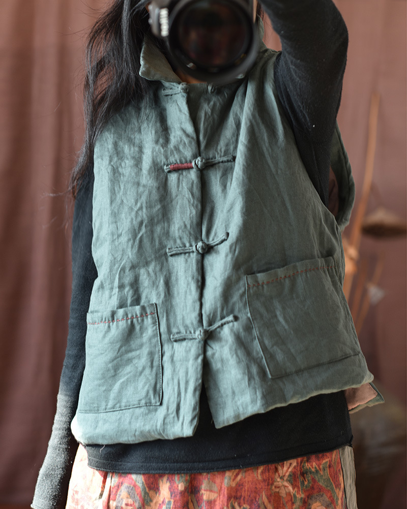 Simo/vêtements pour femmes en coton et lin faits maison gilet en coton à boucle en lin lavé au sable de haute qualité gilet en coton à enroulement rétro_voghion.com