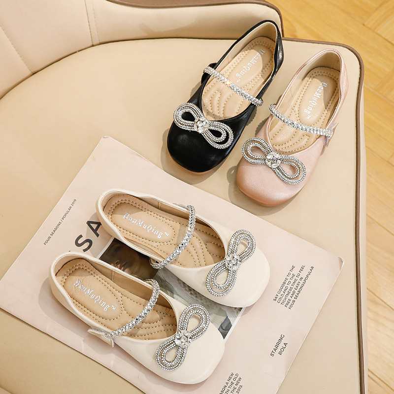 Spring New Arrival Ultrafine Leather Dance Shoes Velcro Rhinestone Single-layer Shoes for Girls Solid Color Korean Style Fashion Princess Shoes