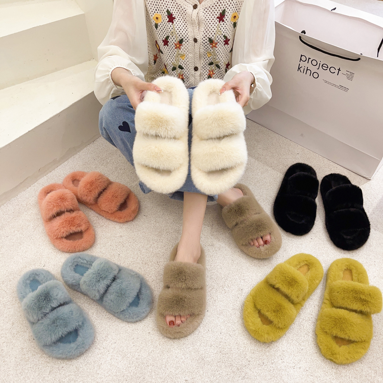 Foreign trade large size double Mao Mao slippers women autumn and winter New wear flat bottom one-word warm cotton slippers women Wholesale