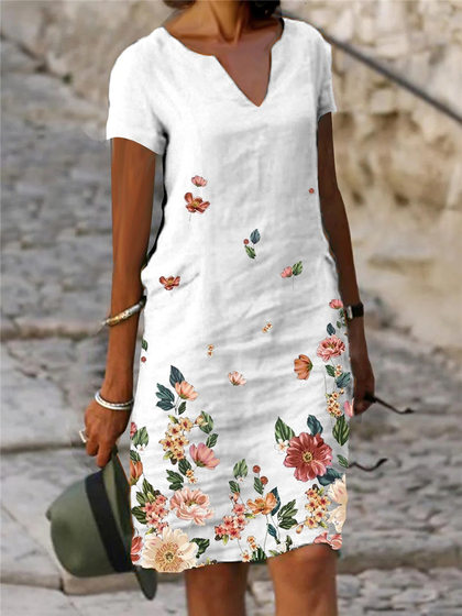 [In Stock S-5XL] 2023WISH Amazon new flower printed cotton and linen short sleeve mid-length V-neck dress