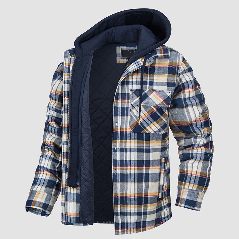 2000 + in stock cross-border men's clothing European and American autumn and winter thickened cotton-padded coat Plaid long sleeve loose hooded jacket jacket