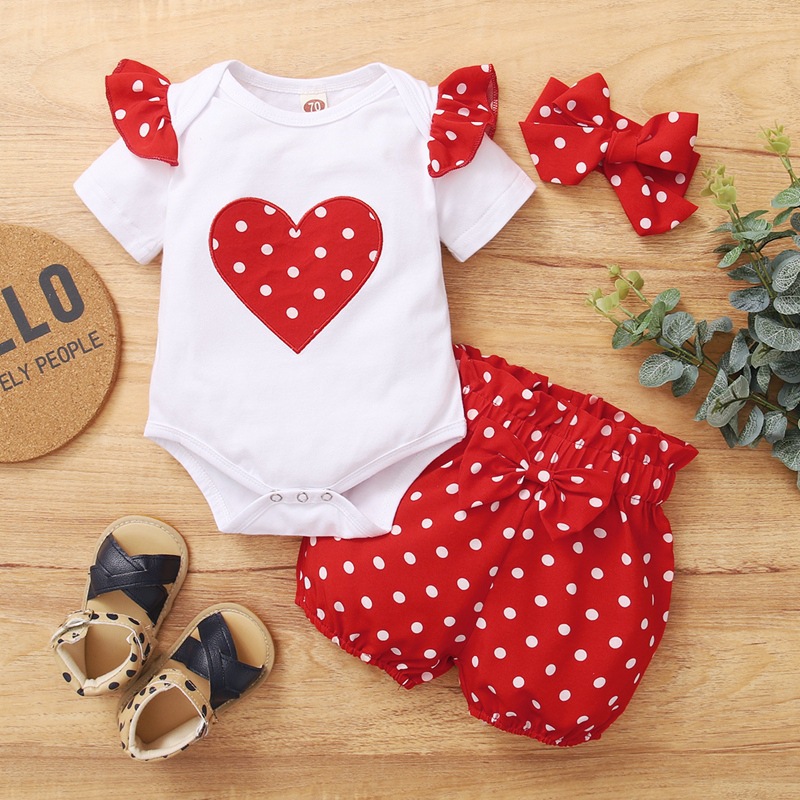 2022 Cross-border Spring and Summer New Suit Love Short Sleeve Hapi Po Dot Shorts Turban Three-piece Set in Stock