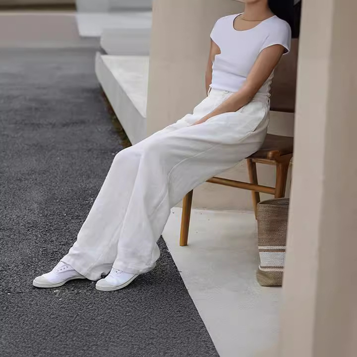 2023 Early Autumn Pure Linen Yarn Wash Thick Semi-elastic Loose Floor-length Trousers Artistic Retro Mid-waist Straight Leg Pants