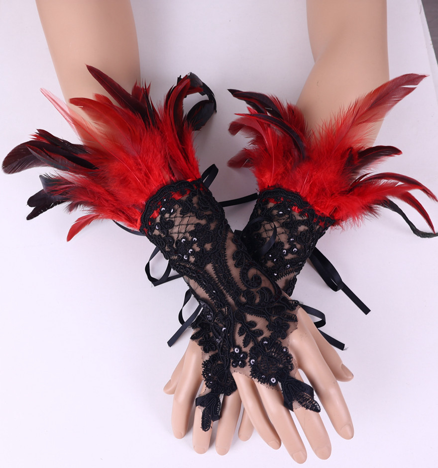  Cross-border Halloween Feather Hook Gloves Party Ball Black Lace Bracelet Sleeve Accessories_voghion.com