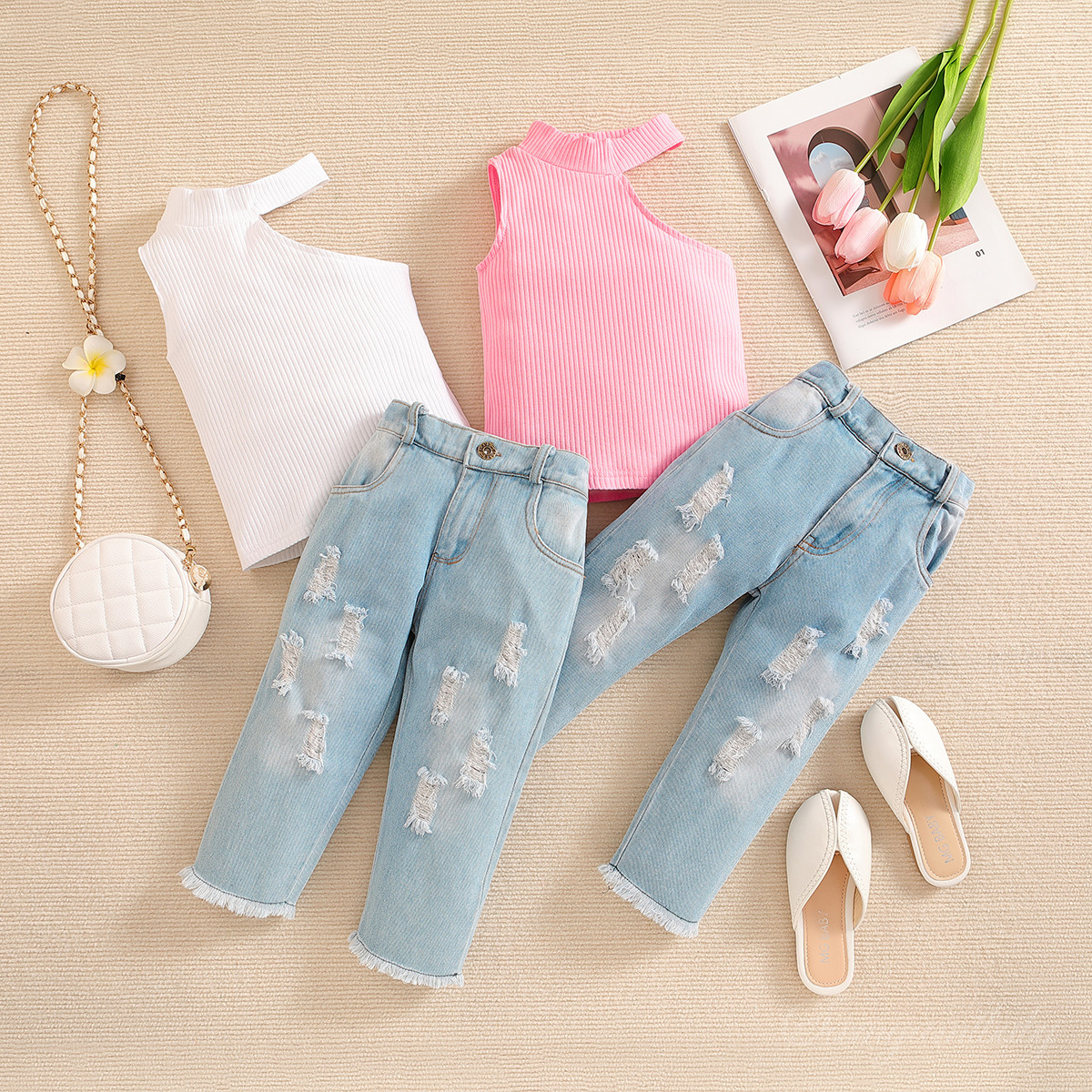 春夏款新款女童衣服潮流無袖上衣+破洞牛仔長褲兩件套一件代發