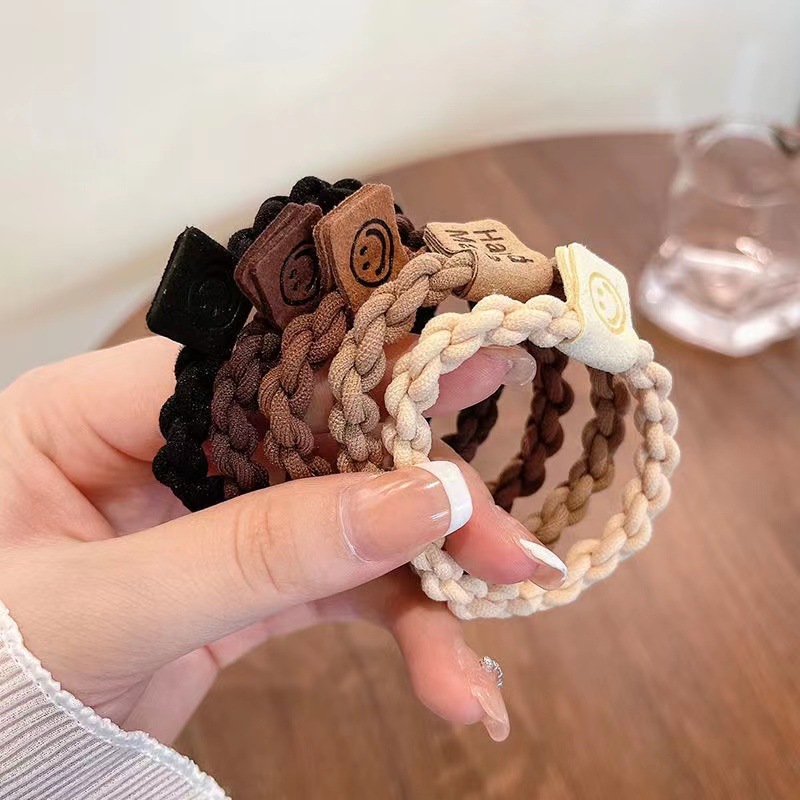 Korean Style Simple Smiley Face High Elastic Head Rope Women's Ball Head Rubber Band Hair Band Milk Curry Color Thick Hair Rope Headwear
