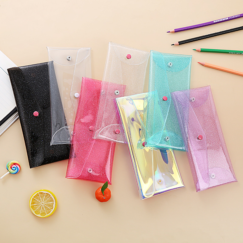 Creative ins Style Simple Laser Transparent Pencil Case Portable Folding Snap-on Bill Finishing Stationery Storage Bag Batch