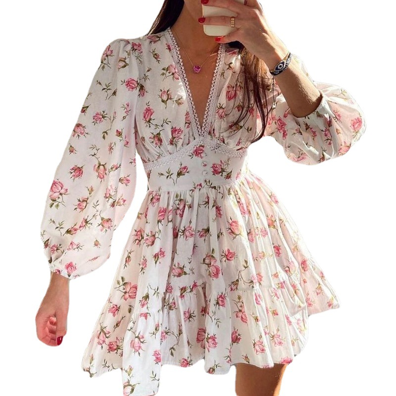 2025 Spring Independent Station European and American Women's New Elegant Sweet Printed V-Neck Lace Waisted Short dress