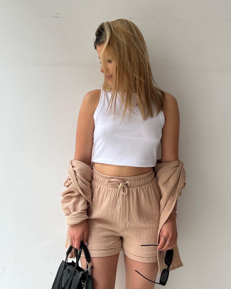2023  European and American Women's Wrinkled Lapel Long Sleeve Shirt High Waist Drawstring Shorts Fashion Casual Two-Piece Set_voghion.com