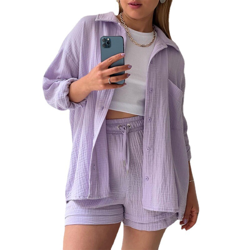 2023 European and American Women's Wrinkled Lapel Long Sleeve Shirt High Waist Drawstring Shorts Fashion Casual Two-Piece Set_voghion.com
