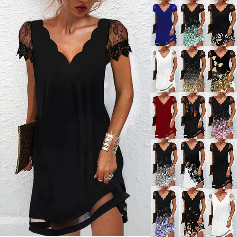 2022 Europe and the United States foreign trade cross-border women's clothing Amazon positioning printing wave V-neck lace stitching short sleeve dress