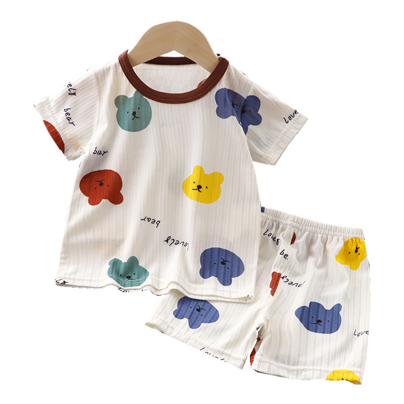 Children's Summer Clothes Baby Ice Silk Short-sleeved Set Baby's Thin Pajamas Boys' Air-conditioning Clothes Girls' Two-piece Set for Summer