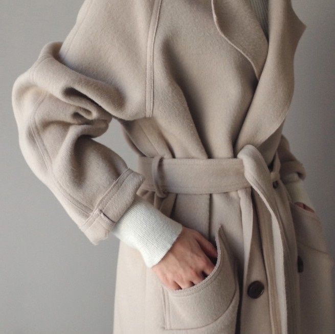 Cappotto di lana sopra il ginocchio stile Harajuku lungo e aderente in vita di Waitmore, in lana beige di media lunghezza, nuovo inverno 2023_voghion.com