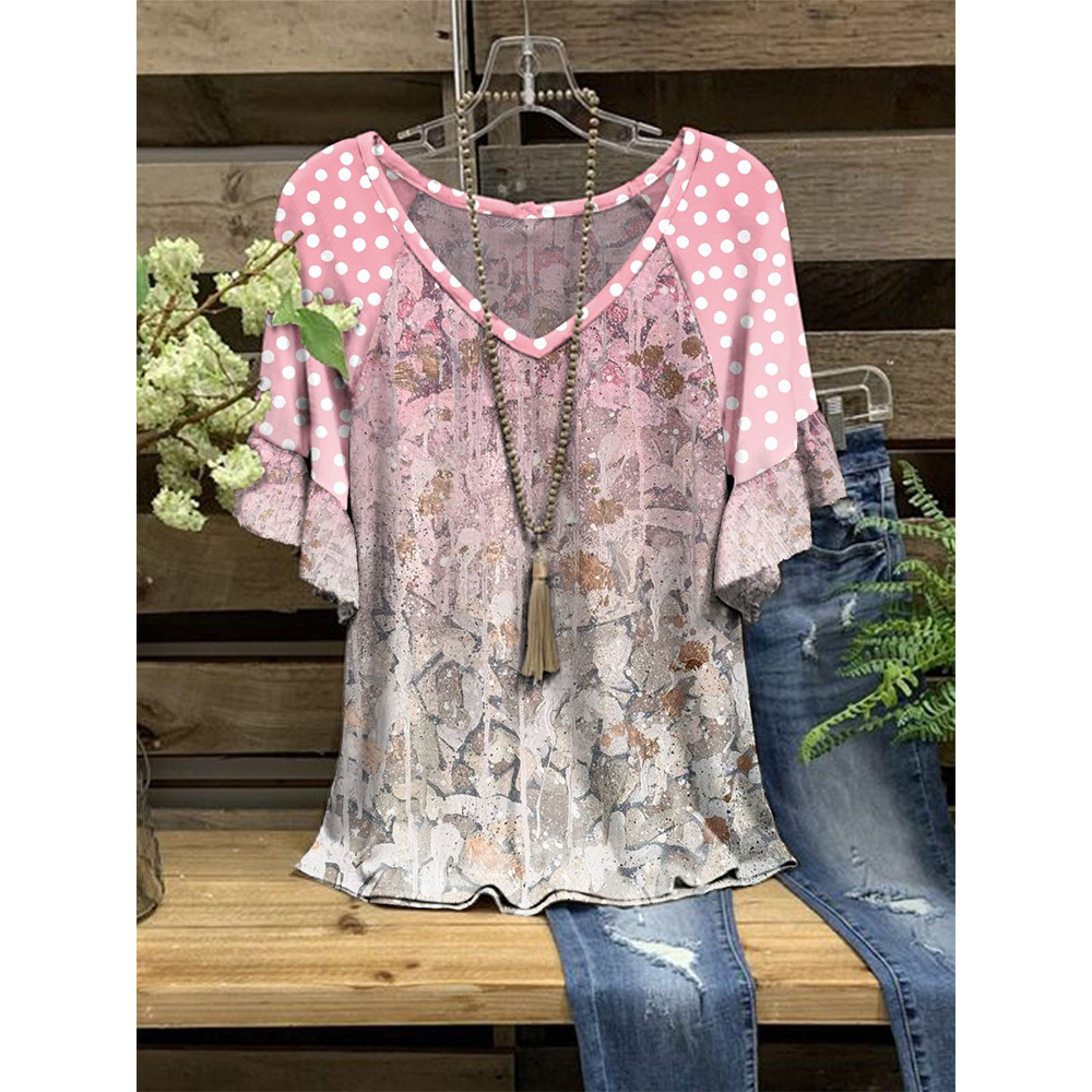 Independent station Amazon spring and summer casual new v-neck T-shirt floral leopard print ruffled short sleeve t-shirt
