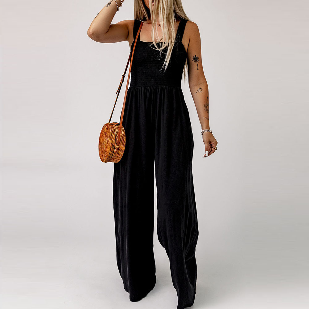 Shi Ying 2024 Basic Simple High Waist Knitted Shoulder Wide Leg Pants Women's Pure Black One-piece Pants Women