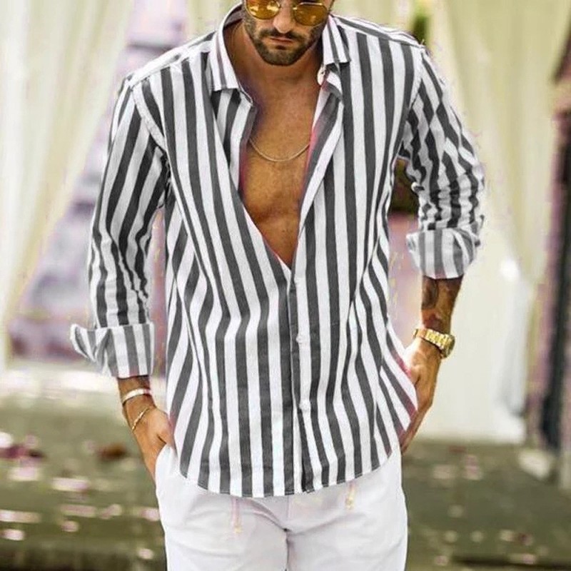 2023 cross-border Europe and the United States new Amazon AliExpress foreign trade long sleeve lapel striped shirt loose shirt men