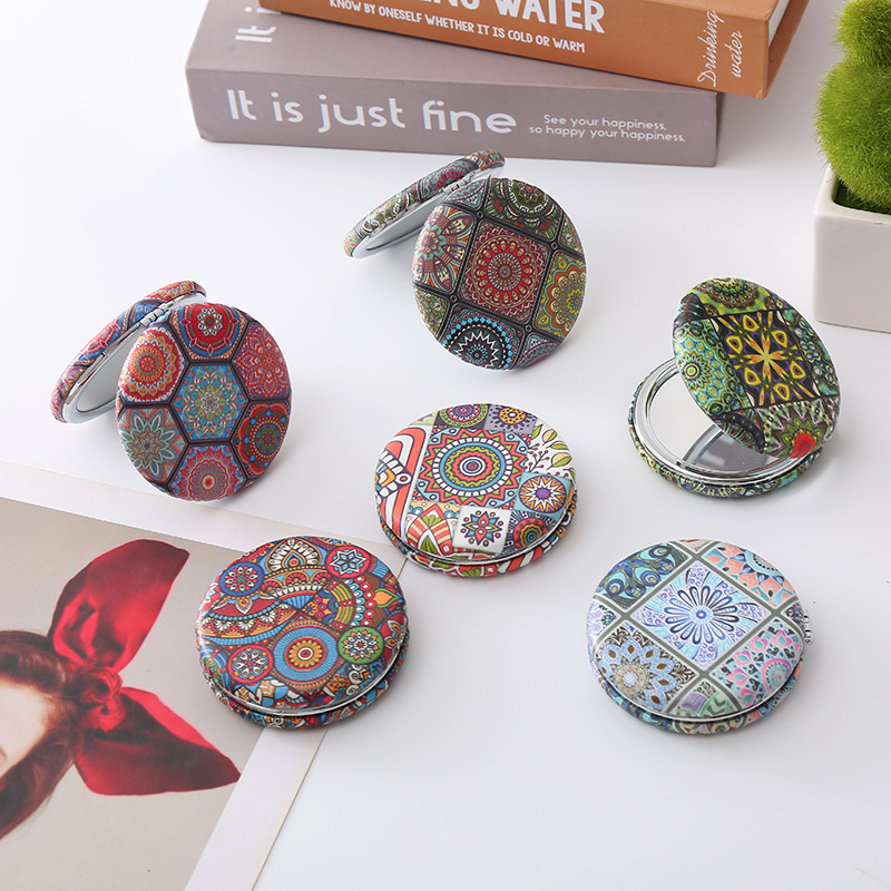 Bohemian style folding bread mirror retro style portable round bread mirror thick double-sided pu pocket mirror