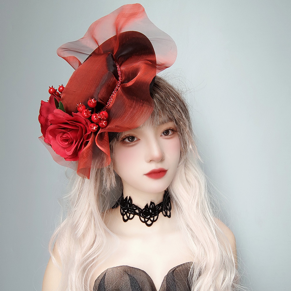 Red Rose Christmas Decorative Hat Ball Holiday Party Performance Gothic Bride Flat Top Hat FJ-245