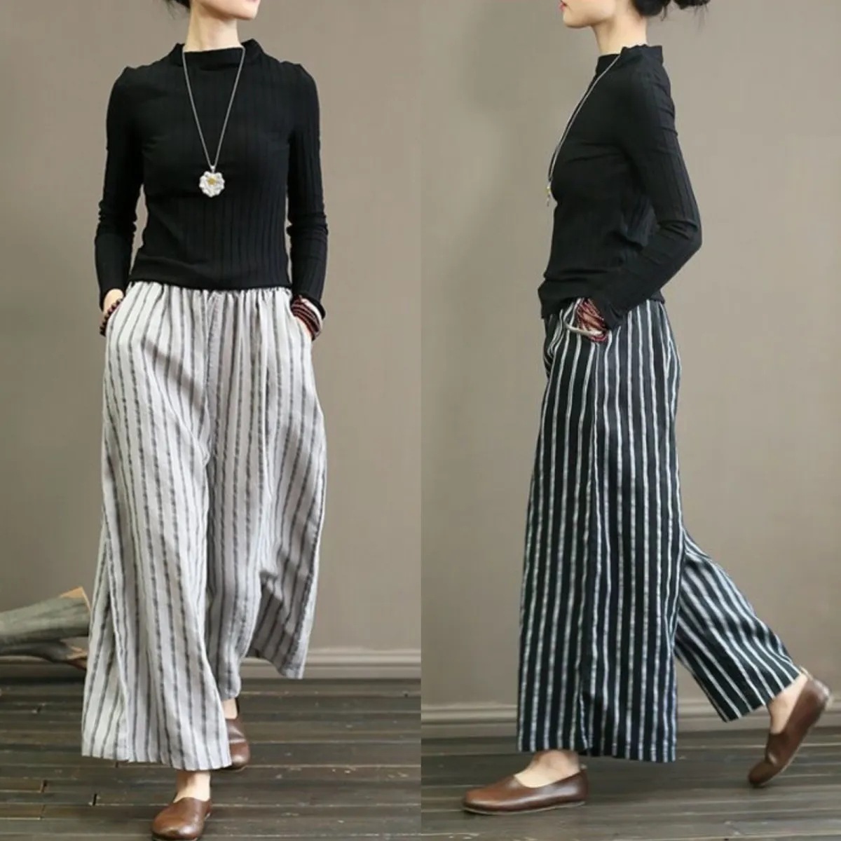 Artistic cotton and linen striped wide-leg pants summer 2023 new women's plus size slimming drape casual straight cropped pants fashion