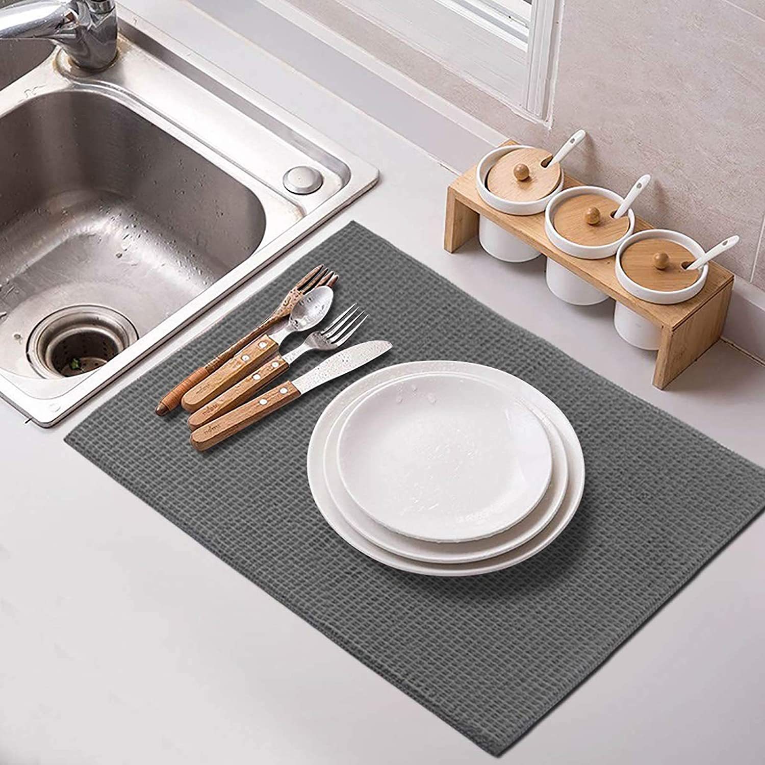 In stock solid color plaid draining mat kitchen drying mat pot bowl draining mat coaster inner sponge factory wholesale