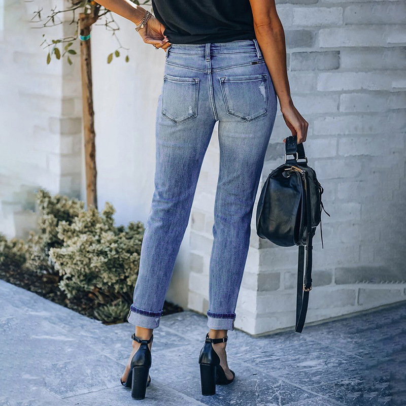 2021 Cross-border Amazon Independent Station Cut Stretch Middle Waist Leg Jeans Women's Pants Super Hot