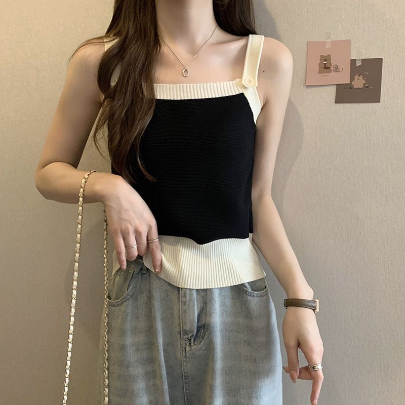 Hot girl sleeveless buttoned camisole women's summer new design sense small sexy short contrast color top trendy