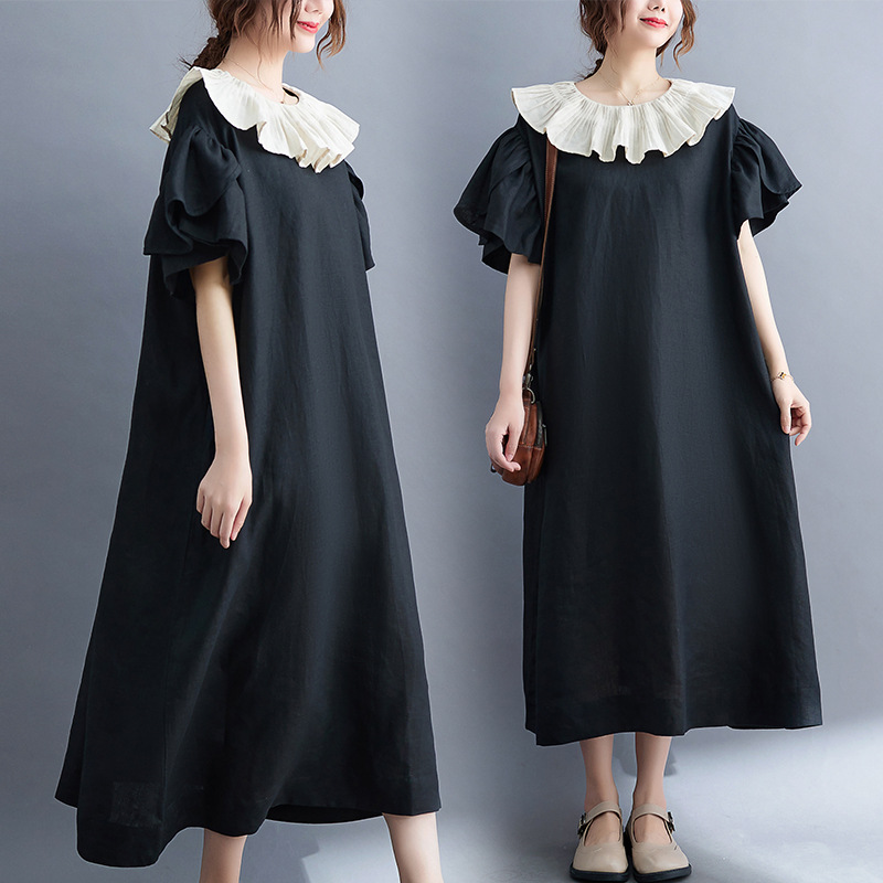 Actual shot of  new summer style trumpet sleeve lotus leaf collar black cotton and linen women's fat MM large size doll collar cotton and linen dress