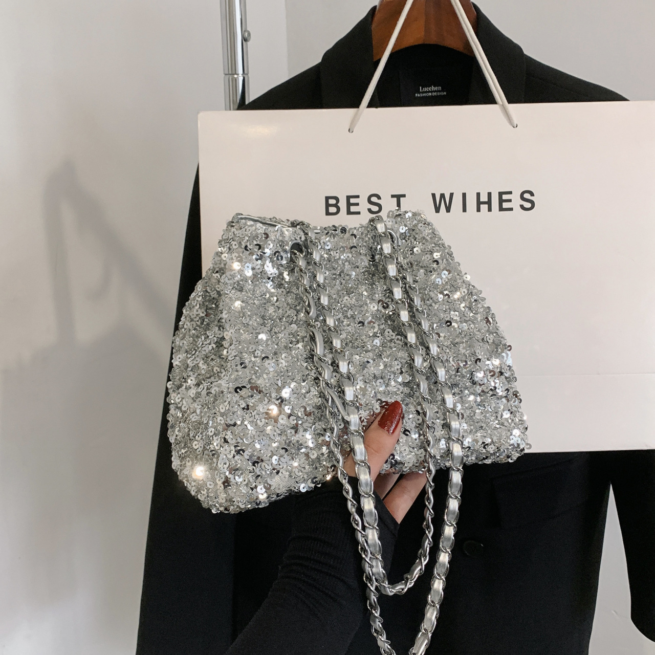 2023 Summer New Cross-border Portable Shoulder Bag Solid Color Sequin Commuter Niche Design Trendy Women's Bag Handbag