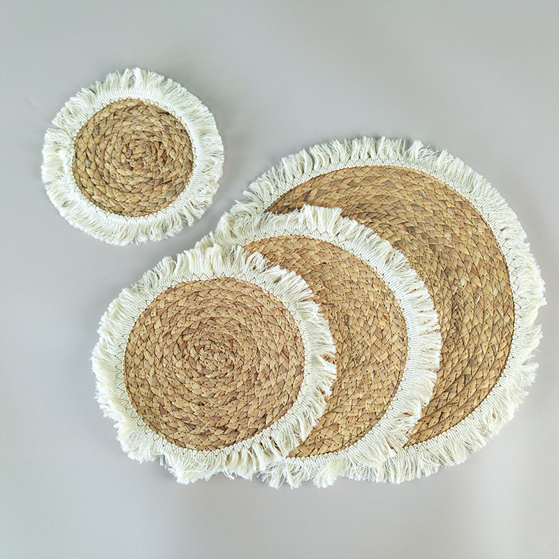 Amazon Round Straw Mat Water Hyacinth Straw Woven Western Restaurant Table Mat Thickened Heat Insulated Tassel Side Coaster