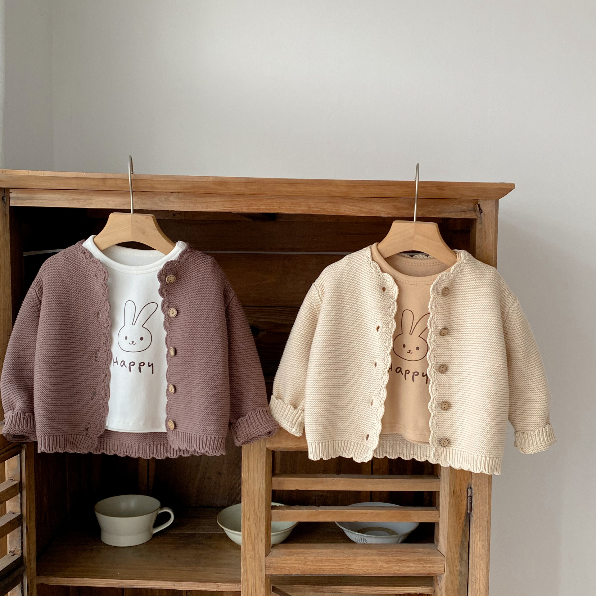 Spring 2023 All-match Boys and Girls Baby Children's Crewneck Handmade Crocheted Pure Color Knitted Cotton Long Sleeve Cardigan Jacket