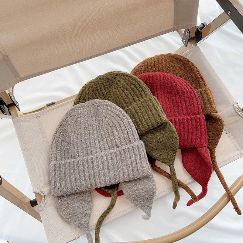 Gestrickte Ohrenschutzmütze für Kinder im japanischen Stil, neue Herbst- und Wintermütze aus dunkler, eleganter, warmer Wolle, einfarbige Strickmütze_voghion.com