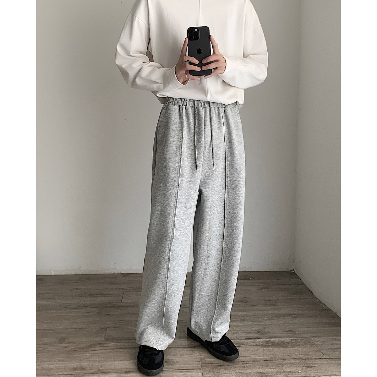 INTFEDAY Korean style simple stand cut stitching sports pants men's and women's loose space cotton knitted sweatpants