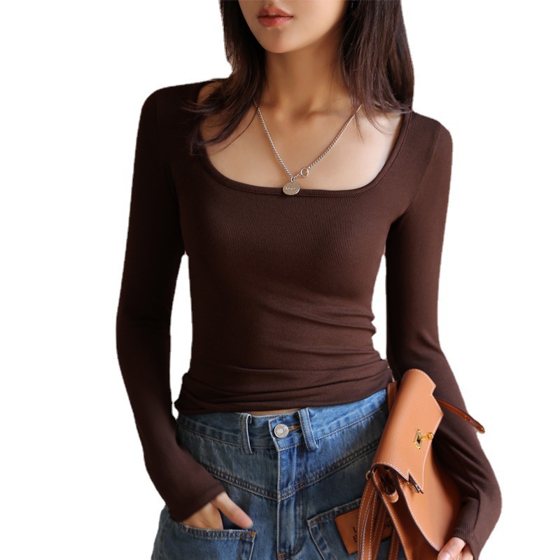 2023 autumn and winter cotton pure black bottoming shirt women's low collar square collar spring and autumn top long sleeve T-shirt inner Korean style slim fit