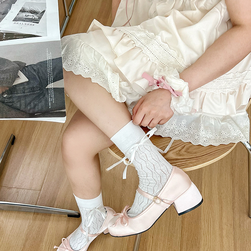 ballet style strap bow jk socks women's tube socks summer thin mesh solid color boneless pile socks cotton