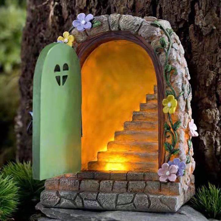 Cross-border dedicated fairy door stairs solar garden resin decoration resin crafts pastoral design stairs
