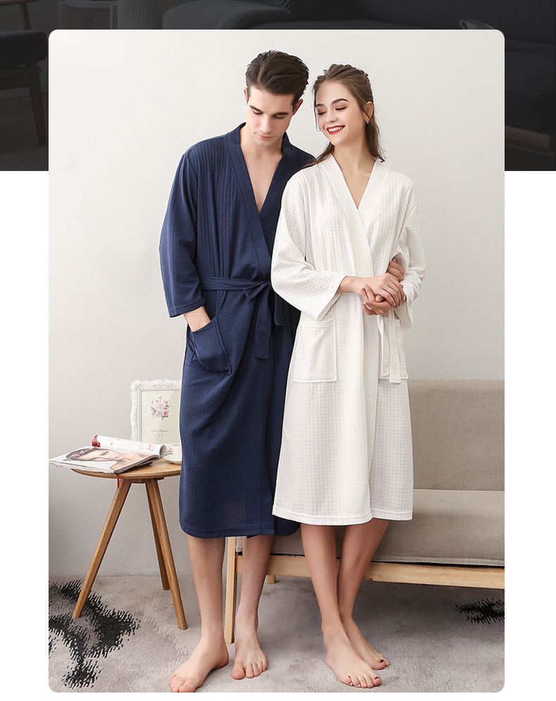 Late Summer Thin Waffle Bathrobe Women's Simple V-neck Seven-point Sleeve Absorbent Sleeve Couple's Nightgown Spring and Autumn Men's_voghion.com