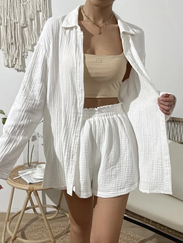 Cross-border 2023 European and American Women's Spring and Summer Fashion Solid Color Long Sleeve Shirt Set Women's Casual Loose Shorts Two-piece Set