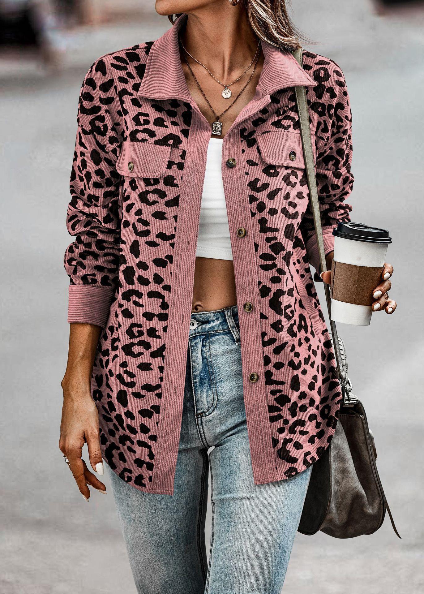 2024 Amazon European and American cross-border women's clothing autumn and winter fashion leopard print pocket button long-sleeved jacket for women