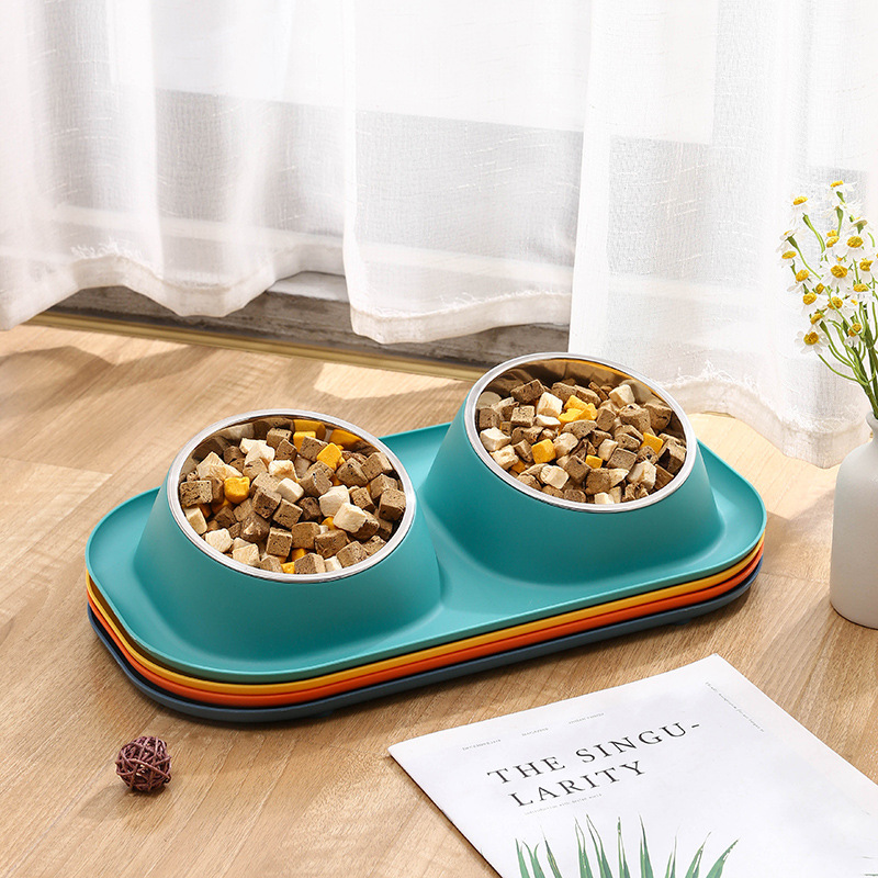 Cat Bowl double bowl food bowl stainless steel oblique mouth cat food drinking water integrated dog anti-knock pet dog bowl dog bowl