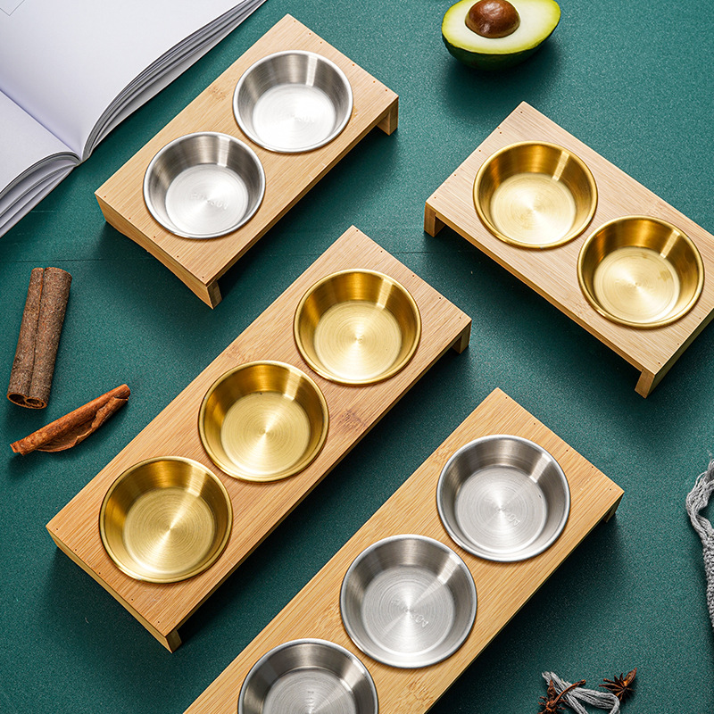 304 Stainless Steel Seasoning Dish Golden Commercial Dip Dish Korean-style Split Dish with Wooden Tray Creative Hot Pot Barbecue Dish